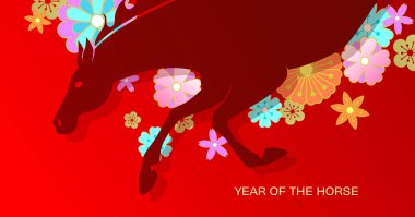 At Yılı 2026 pankart vektörü ve çiçek süslemeleri. Ay yeni yılı 2026 kutlama posteri, bahar çiçekleri arka planında zodyak at silueti..