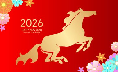 At yılı 2026 altın ve çiçek süslemeli kırmızı bayrak. Çiçek arkaplanında altın zodyak at silueti olan yeni yıl tebrik kartı. Bahar çiçekli Zodiac atı.