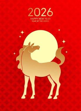 At 2026 poster tasarımı yılı. Ay 'ın yeni yılı 2026 modern ve minimalist tebrik kartı üzerinde zodyak at silueti var..