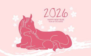 2026 yılında anne ve çocuk atlarla birlikte. Ay Yeni Yılı 2026 Çiçek desenli kısrak ve tay desenli şirin tebrik kartı vektör çizimi.