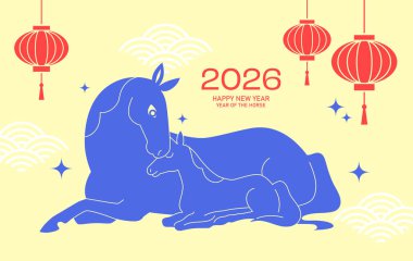 2026 yılındaki at yılı aile ile minimalist kart oyunu. Ay 'ın yeni yılı 2026 şirin tebrik kartı ya da zodyak atları, kısrak ve tay ile birlikte pankart.