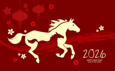 At ve tay ile birlikte 2026 yılının Çin bayrağı. Ay yeni yılı 2026, kırmızı arka planda zodyak atları siluetleri ve asılı fenerler. Karabasan ve tay siluetleri.