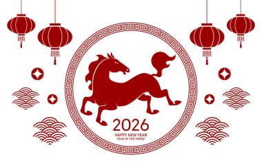  2026 için çember çerçeveli Çin kağıdı kesim stili kartı. Atın Çin 'de yeni yılı ya da ay' da yeni yıl 2026 'da kırmızı zodyak atı ve fener süslemeleri olan tebrik kartı..