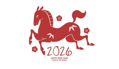 2026 yılının Çin yılbaşı afişi kağıt kesim tarzında. Ay yeni yılı 2026 tebrik kartı kırmızı zodyak at ve erik çiçeği süslemeleri..