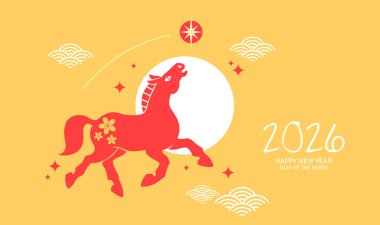 Çin yeni yılı 2026 modern stil kartı. Ay yeni yılı 2026 tebrik kartı geçmişi ve kağıt kesme tarzında burç atı. At kartının minimalist yılı.