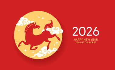 At minimalist bayrak taşıyıcısının Çin 'deki yeni yılı. Ay yeni yılı 2026 tebrik kartı. Arka planda uğurlu bulutlu zodyak at var..