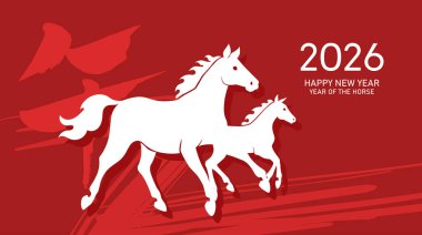 Kısrak ve tay siluetleri yeni yıl 2026 kartı. Atın Çin 'deki yeni yılı, ya da Ay' daki yeni yıl 2026 minimalist tarzı..