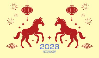 İki simetrik zodyak at kartı minimalist tarzda. Atın Çin 'de yeni yılı, ya da ay' da yeni yıl 2026 afişi, fener süslemeleri..