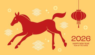 At 2026 kartının silüet yılını oynamak çok hoştu. Ay 'ın yeni yılı 2026, zodyak at silueti ve çeşitli Asya süslemeleri ile birlikte sancak taşıyıcı illüstrasyonu.
