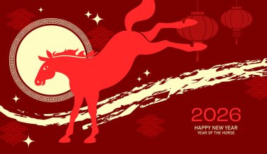 2026 Çin Yeni Yılı için stilize tebrik kartı. Ay yeni yılı 2026 afiş vektörü ve Asya tarzı arka planda zodyak atı. Fenerleri asıyorum..