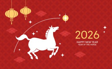Fenerleri asılmış Çin zodyak atı 2026 kartı. Ay 'ın yeni yılı 2026 afiş vektör illüstrasyonu, Asyalı arka planda modern ve minimalist stil.