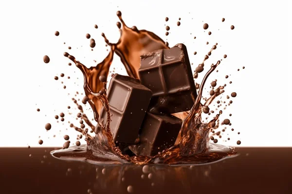 Chocolate blocks splashing into a liquid chocolate splash burst