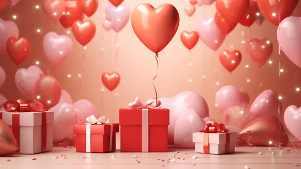 Šťastný Valentýn Balónky Tvaru Srdce Pár Dárkových Krabic Krásném Pozadí — Stock fotografie