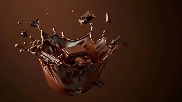 crown splash of chocolate, cocoa or coffee, pieces of chocolate bar, swirl