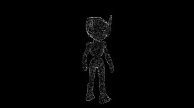 Siyah ekranda küçük parlak parçacıkları olan 3 boyutlu robotun dönüşümü