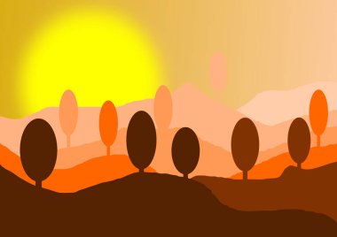 Dağlı, tepeli ve güneşli vektör manzarası