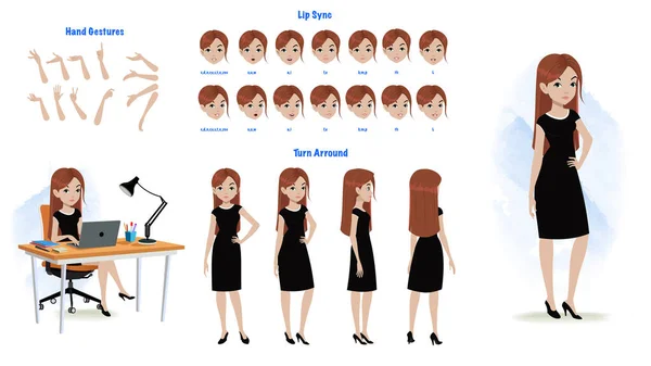 A businesswoman character model sheet for animation. Woman character model sheet with lips syn, hand gesture, turn around sheet