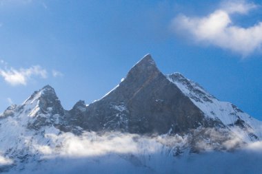 Nepal 'deki görkemli Machapuchare Dağı' nda açık mavi gökyüzüne karşı karla kaplı tepeler, balık kuyruğu zirvesi: Nepal 'deki Iconic Machapuchare dağı, Himalayalar' daki Machapuchare Dağı 'nın çarpıcı manzarası