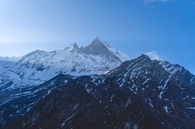 Nepal 'deki görkemli Machapuchare Dağı' nda açık mavi gökyüzüne karşı karla kaplı tepeler, balık kuyruğu zirvesi: Nepal 'deki Iconic Machapuchare dağı, Himalayalar' daki Machapuchare Dağı 'nın çarpıcı manzarası