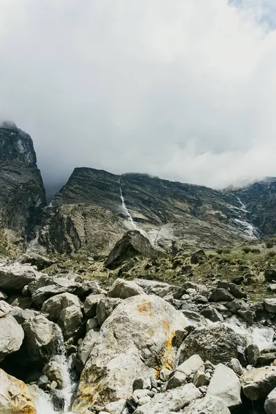 stock image mountain in nepal, waterfall in nepal, waterfall in mountain, annapurna road