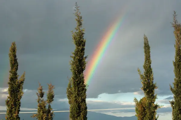 当你在戏剧性的云彩背景下捕捉彩虹的惊人美丽时 展开视觉之旅 免版税图库照片