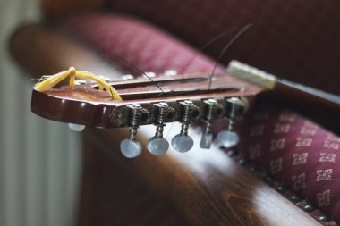 Kafa kısmının güzel detaylı bir görüntüsü ve geleneksel Güney Amerika telli bir enstrüman olan Charango 'nun diyapazonları. Akortçular üzerinde yumuşak bir odak ile yakalandı.