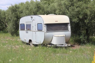 A cozy caravan nestled in a garden, shaded by olive trees, capturing the tranquility of rural life in a Mediterranean landscape. Perfect for travel, adventure, and outdoor living themes clipart