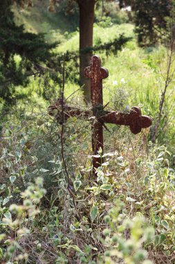 A simple, weathered grave cross stands gracefully among vibrant flowers and lush green foliage clipart