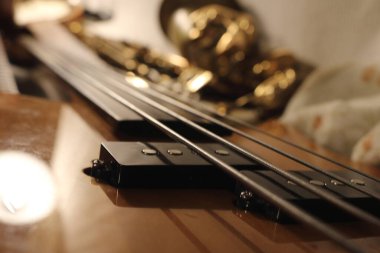 Flatwound strings and sleek pickup of a fretless bass. The polished metal contrasts with the dark wood clipart