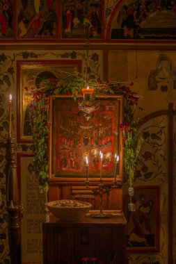 the Christian icon photographed at night in the Christian church during the Orthodox Easter. High quality photo