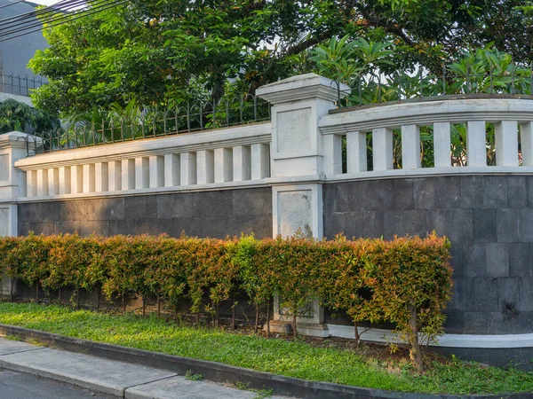 A handsome and stylish solid fence wall design with foliage decoration and proper color combination of white and dark grey.