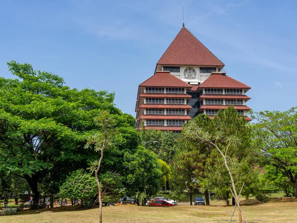 Depok, West Java, Indonesia - August 12, 2022: Rear view of the icon building of the University of Indonesia with clear blue sky on a fine morning.