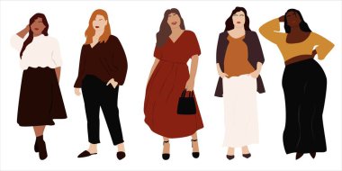  Vücut pozitifliğinin temsilcisi. Vücut pozitif hareket ve güzellik çeşitliliği. Bir grup iri yarı kadın. Beyaz arkaplanda vektör hisse senedi çizimi izole edildi. EPS 10