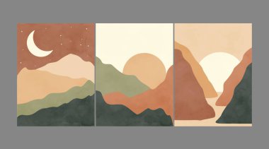 Modern abstract minimalist landscape posters. Desert, mountains, sun and moon. Day and night scene. Pastel colors, earth tones. Boho mid-century  art print. Flat design. Stock vector illustration clipart