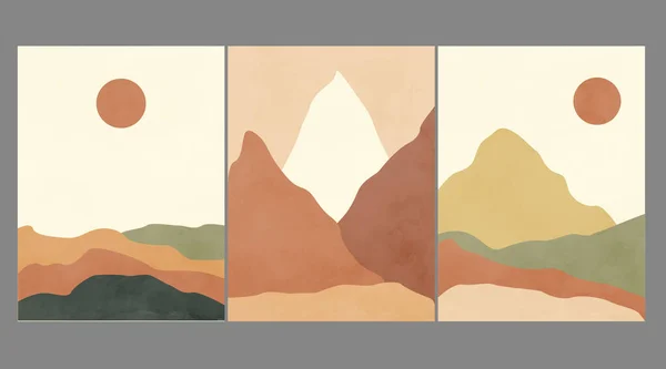 Σύγχρονες Αφηρημένες Μινιμαλιστικές Αφίσες Τοπίου Έρημος Βουνά Ήλιος Και Φεγγάρι — Διανυσματικό Αρχείο