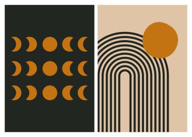 Minimalist geometrik poster. Boho tarzında parmak izleri. Ay evreleri. Gökkuşağı. Modern minimalist posterler. Stock vektör illüstrasyonu. Duvar sanatı, tişört, el ilanı, arka plan için mükemmel.