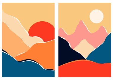 Soyut çağdaş manzara posterleri. Orta yüzyıl modern minimalist sanat baskısı. Boho poster kapağı. Dağ, tepe, göl, güneş. Kitap kapağı, poster, afiş, broşür, broşür için düz tasarım.