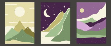 Minimalist manzara. Yaz boho manzarası. Soyut dağ, çağdaş estetik arka planlar, manzara. Stock vektör illüstrasyonu. Kartpostal, kapak, broşür ve dergi için tasarım elemanları