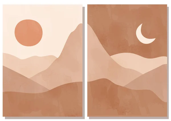 Carteles Paisaje Minimalista Abstracto Moderno Desierto Sol Luna Escena Día — Vector de stock