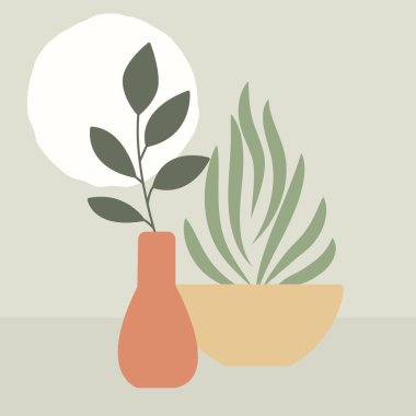 Modern abstract minimalist landscape poster. Mountains and moon. arth tones.Leaf in a vase near the window. Boho mid-century print. Flat design. Stock vector illustration