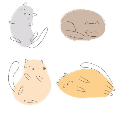 Beyaz arka planda elle çizilmiş kedi koleksiyonu. Şirin kediler vektör seti çiziyor. Kedi karakterleri tasarımı. Stok vektörü düz illüstrasyon. 