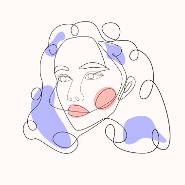 Asgari kadın yüzü olan soyut bir poster. Tek çizgi çizim tarzı. Moda konsepti, kadın güzellik minimalisti. Bir dişinin vektör portresi. Güzellik Konsepti, tişört baskısı, kartpostal, poster için. EPS 10