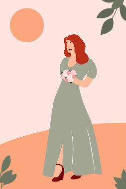 Boho Soyut Duvar Sanatı Vektörleri. Çiçekli kadın. Yeşil elbiseli bir kız. Çiçek Arkaplan Kadın Resimleri. Tarafsız Renkler. EPS 10