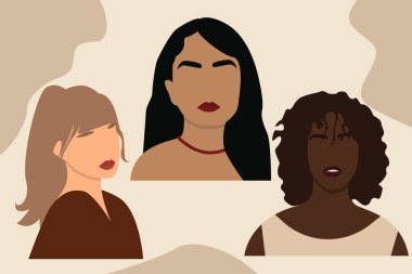 Soyut kadın portreleri. Boho tarzı. Modern sanat baskıları. Tarafsız Renkler. Sanat baskısı, poster, kart, dekor ve çanta için modern Boho tarzı arka plan. Çağdaş portre. EPS 10