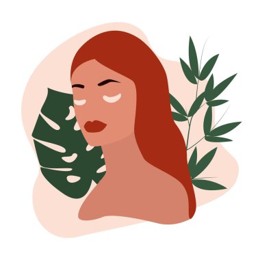 Female face with green leaves on background. Girl with eye patches.  Beautiful young woman applying cosmetic product. Skin care banner. Self-care concept. Flat vector illustration
