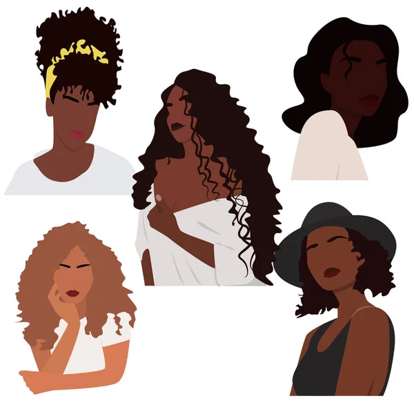 Set Abstract Black Women Characters Contemporary Portraits African American Faceless — Stockvektor