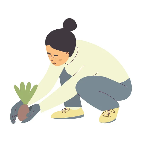 Girl Gardening Plant Woman Planting Vegetables Agriculture Gardener Hobby Garden —  Vetores de Stock