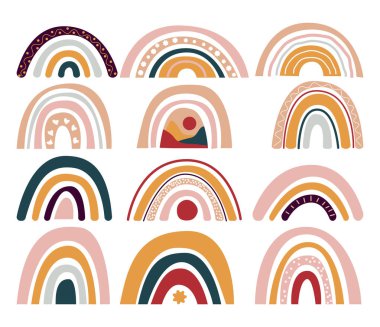 Collection of rainbows, isolated elements on white background; nursery art design, for printing on baby clothes and textiles, home decor art.  Ethnic background. vector illustration, eps 10
