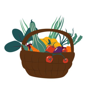 Vegetables in a basket.Flat veg collection of pepper, tomato, carrot, eggplant, pumpkin, cucumber, onion, vegetarian fresh farm market food in a basket isolated on white background