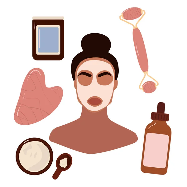 女性の顔や美容化粧マスク 顔の玉ローラー スキンケアバナー フェイスマスク スキンケア リラクゼーション セルフケアの概念 ストックベクトルイラスト — ストックベクタ